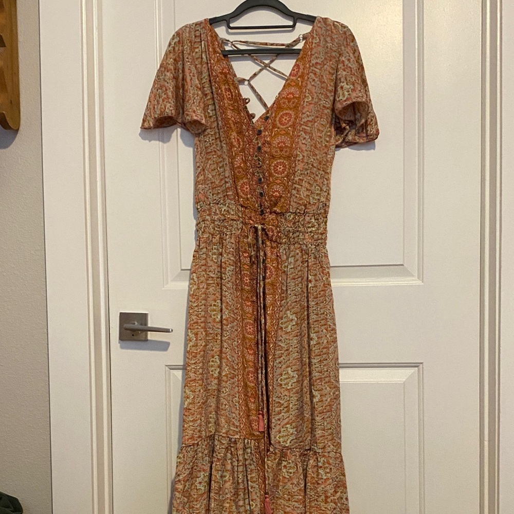 Lace-Up Boho Maxi Dress in Rust Floral